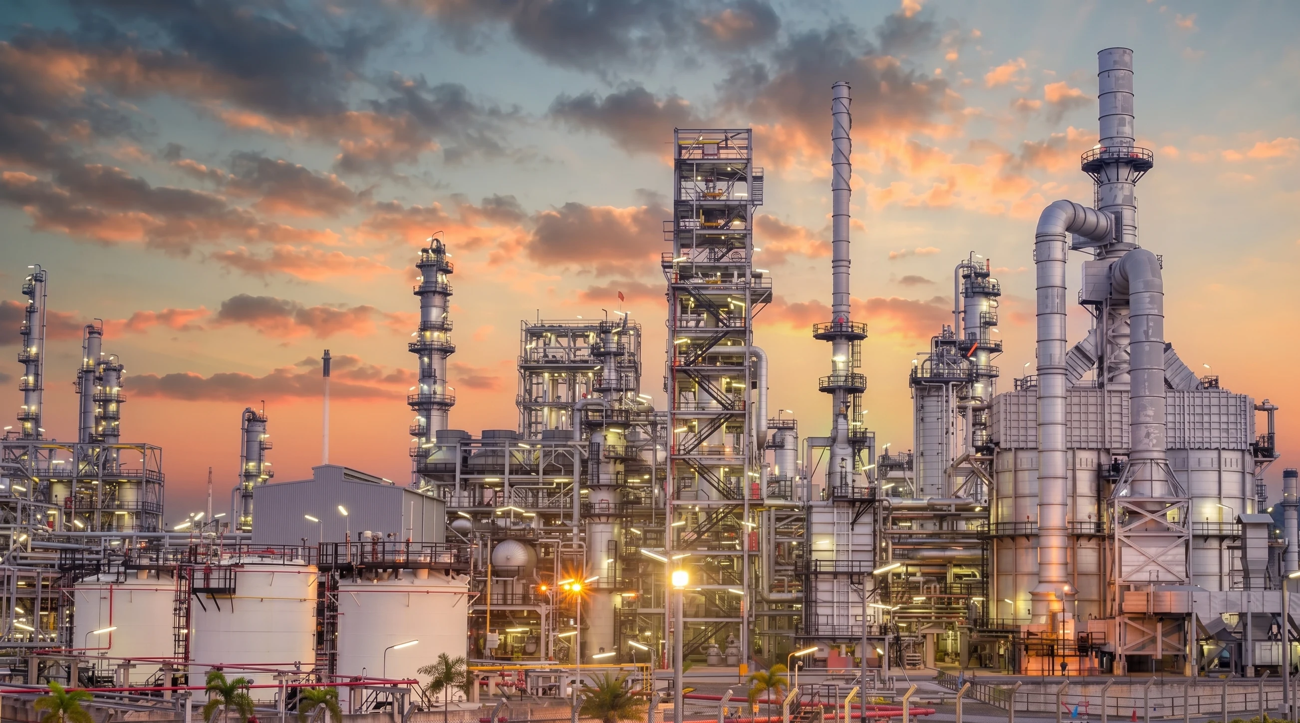 Torres de proceso y tuberías de una refinería iluminadas al atardecer.
