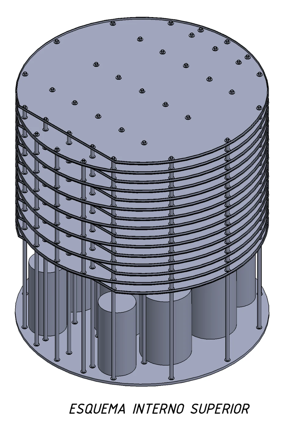 Esquema tridimensional del interior superior del scrubber, con las bandejas apiladas, sus soportes y los tubos ascendentes.