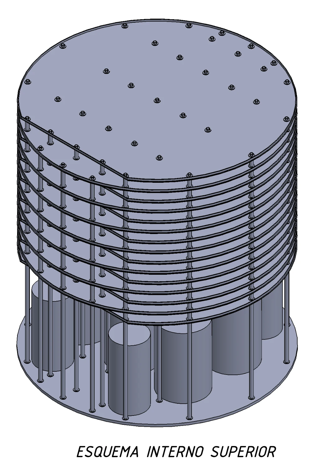 Esquema tridimensional del interior superior del scrubber, con las bandejas apiladas, sus soportes y los tubos ascendentes.